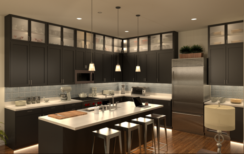 Kitchen rendering with pendants, task lighting, under and upper cabinet lighting, toe-kick lighting